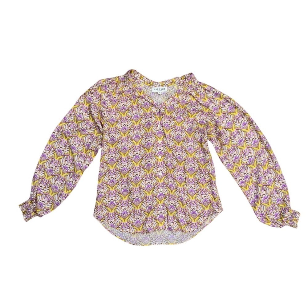 Hale Bob‎ Purple Yellow Paisley smocked puff sleeve Blouse preppy coastal Small